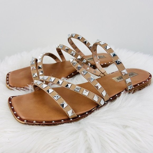 Steve Madden Shoes - Steve Madden Silver Spike Slip on Brown Flat Sandals ~ Size 9